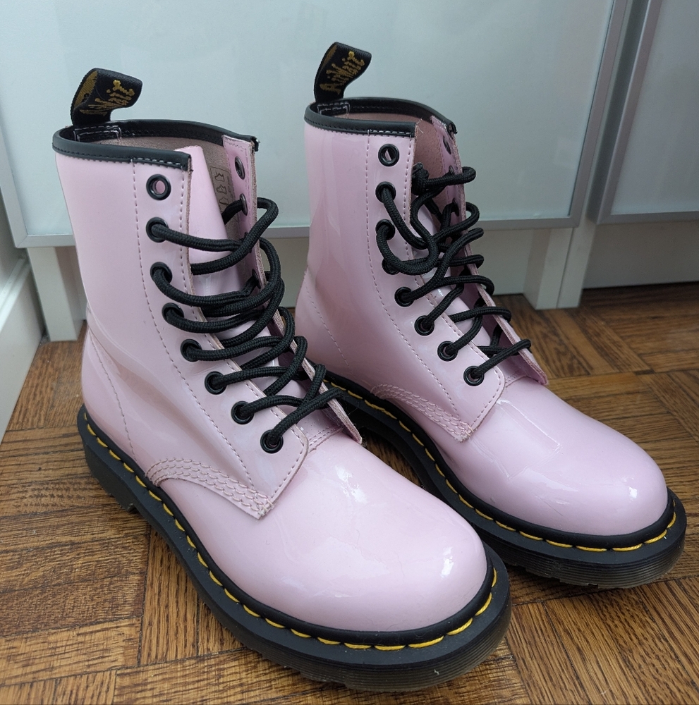 Dr. Martens Pink Combat Boots with Patent Finish